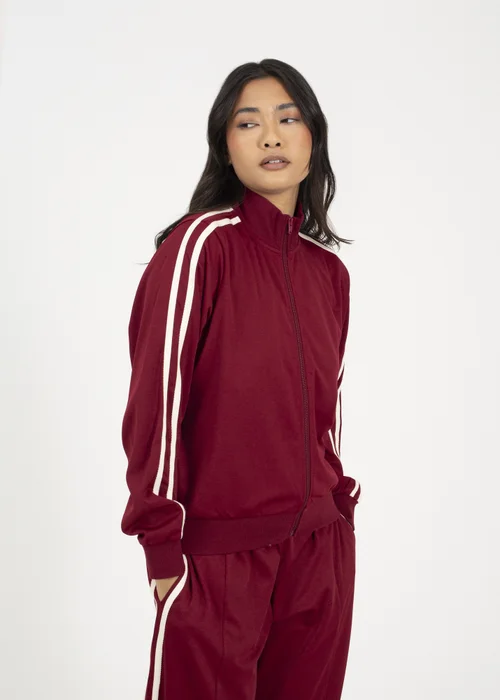 Brave Soul Burgundy Side Stripe Zip Through Sweatshirt - Large Image 1