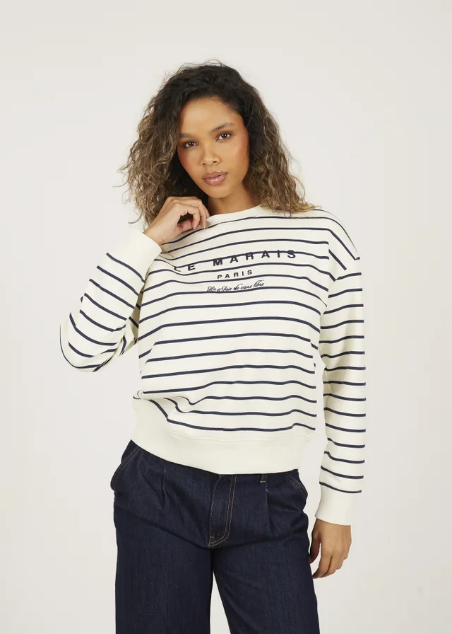 Brave Soul Navy Stripe Embroidered Crew Neck Sweatshirt