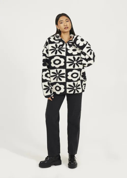 Brave Soul Black Graphic Flower Print Zip Through Sherpa Fleece - XS Image 4