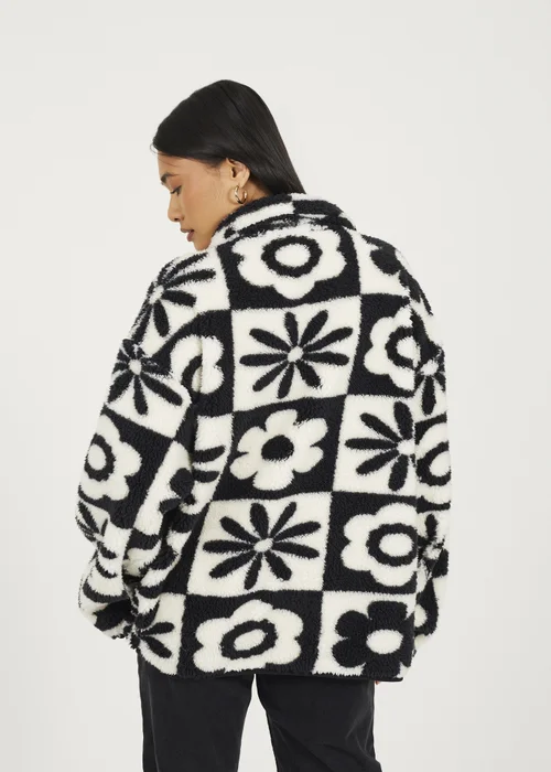 Brave Soul Black Graphic Flower Print Zip Through Sherpa Fleece - XS Image 2