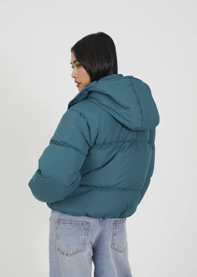 Brave Soul Teal Oversized Hooded Short Puffer Jacket
