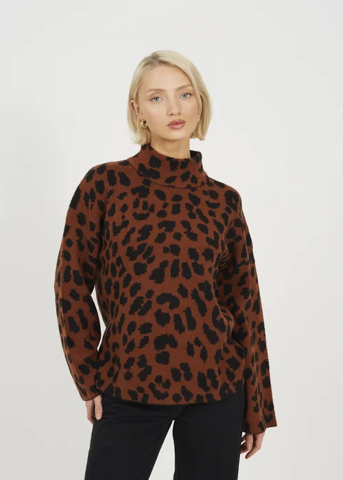Brave Soul Brown Animal Jacquard Turtle Neck Tunic Jumper - Medium Image 1