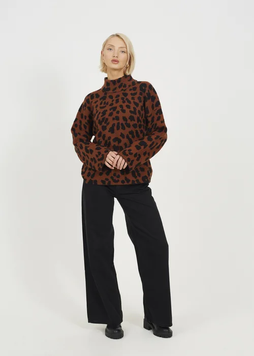 Brave Soul Brown Animal Jacquard Turtle Neck Tunic Jumper - Medium Image 4