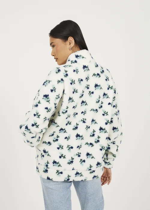 Brave Soul Cream Floral Print Zip Through Sherpa Fleece With Matching Scrunchie - XL Image 2
