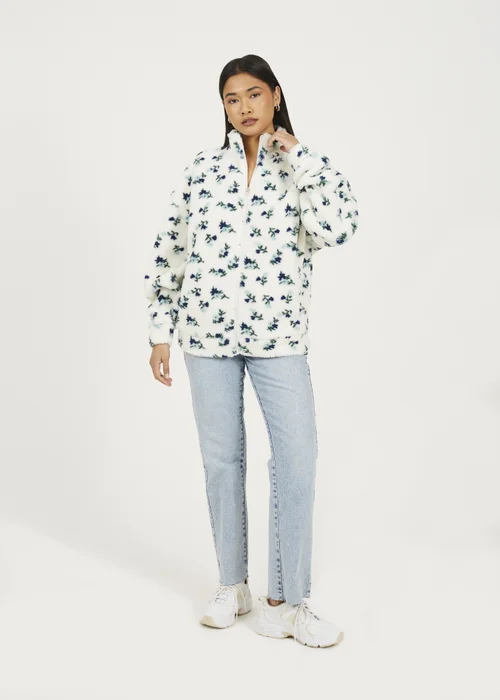 Brave Soul Cream Floral Print Zip Through Sherpa Fleece With Matching Scrunchie - XL Image 4