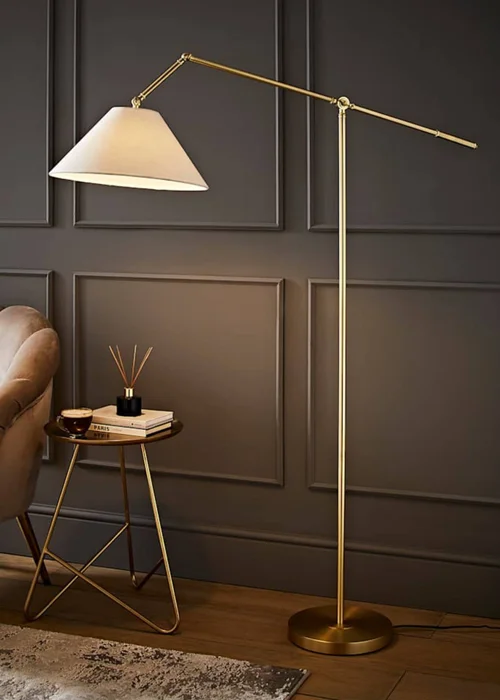 ValueLights Layla Brushed Gold Adjustable Floor Lamp with Linen Shade - One Size Image 1