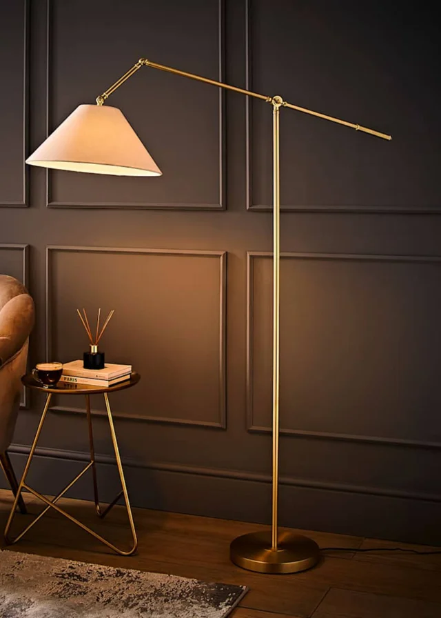 ValueLights Layla Brushed Gold Adjustable Floor Lamp with Linen Shade