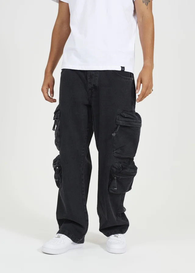 Brave Soul Black Cargo Style Wide Leg Denim Jeans