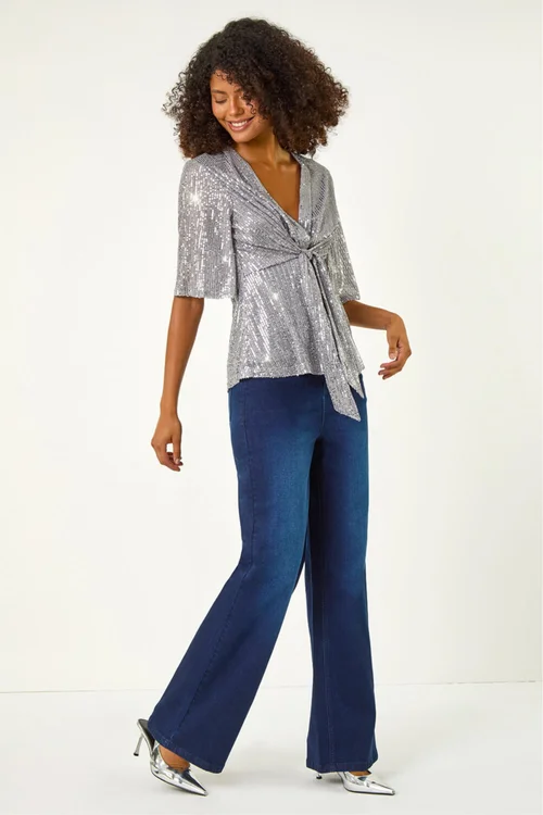 Dusk Silver Sequin Tie Front Top - 16 Image 2