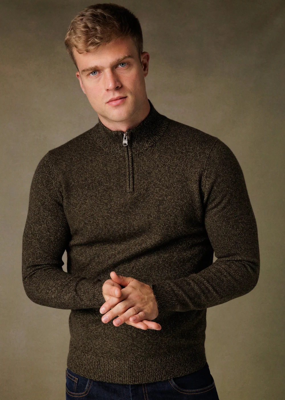 Kensington Eastside Khaki Ribbed 1/4 Zip Funnel Neck Jumper - Extra Large Image 1