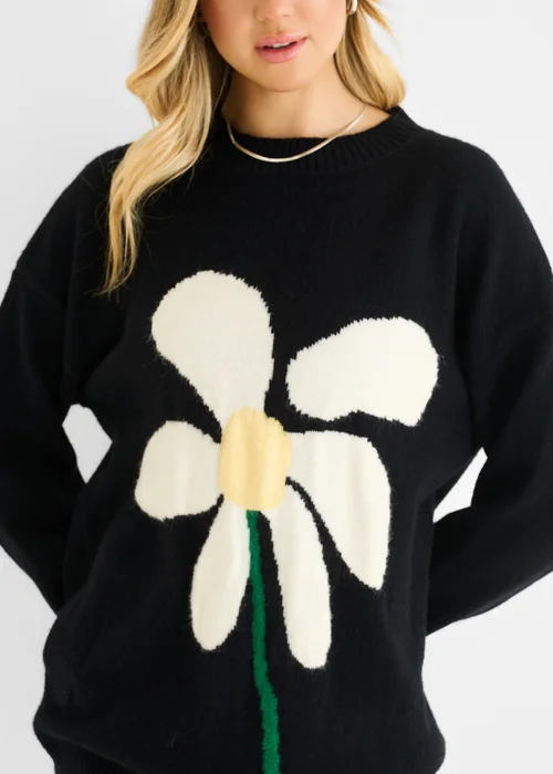 Gini London Black Paint Flower Knit Oversized Long Jumper - Small/Medium Image 3