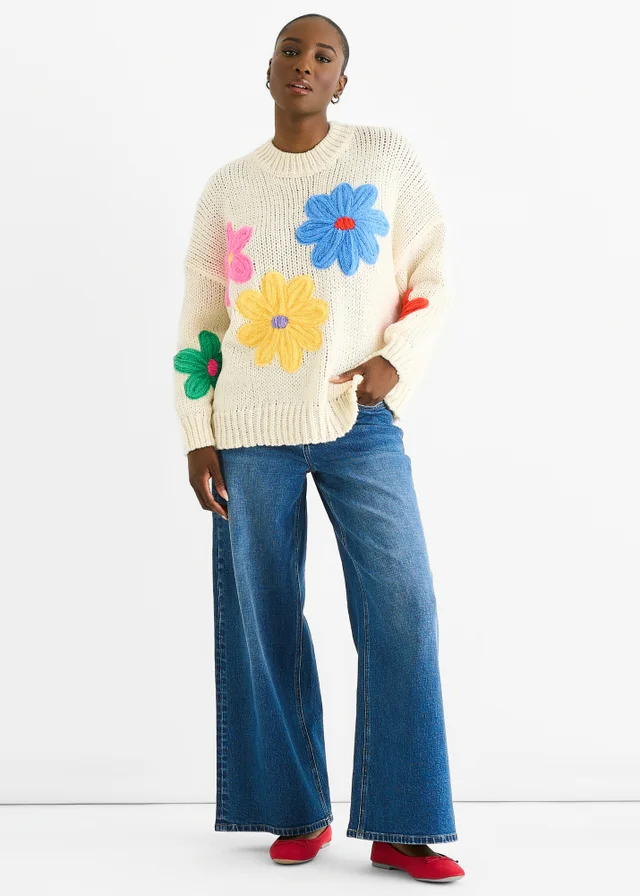 Gini London Cream Floral Crochet Chunky Knit Oversized Jumper