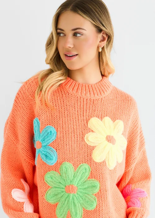 Gini London Orange Floral Crochet Chunky Knit Oversized Jumper - L/XL Image 3