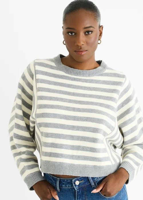 Gini London Grey Recycle Contrast Stripe Loose Fit Knit Jumper - M/L Image 3