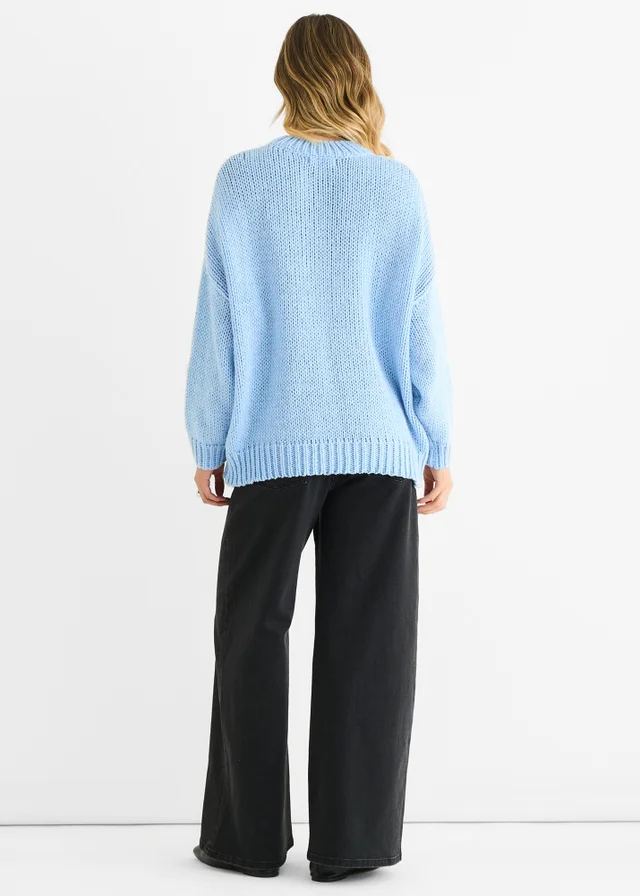 Gini London Blue Floral Crochet Chunky Knit Oversized Jumper