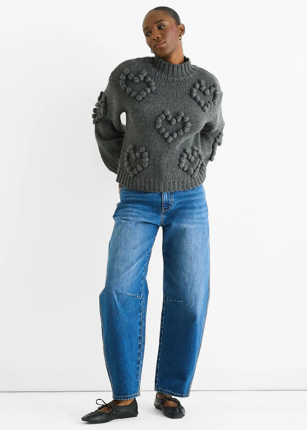 Gini London Dark Grey Heart Bubble Chunky Knit High Neck Jumper - L/XL Image 1
