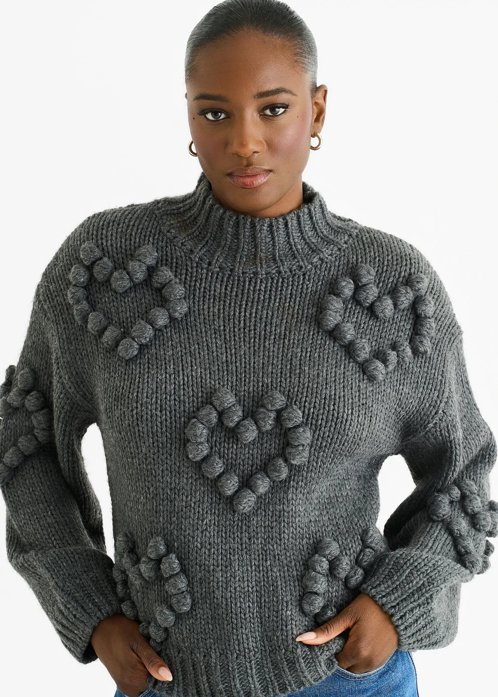 Gini London Dark Grey Heart Bubble Chunky Knit High Neck Jumper - L/XL Image 3