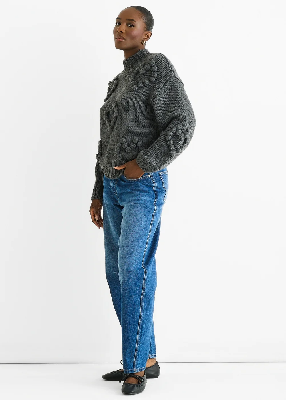 Gini London Dark Grey Heart Bubble Chunky Knit High Neck Jumper - L/XL Image 4
