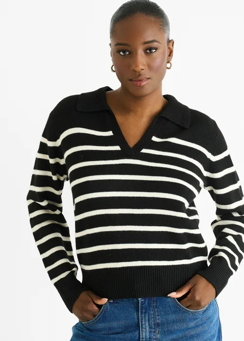 Gini London Black Recycle Stripe V Neck Collar Knit Jumper - S/M Image 3
