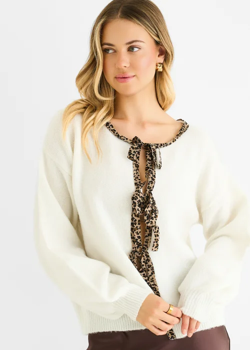 Gini London Cream Contrast Animal Tie Oversized Knit Cardigan - S/M Image 3