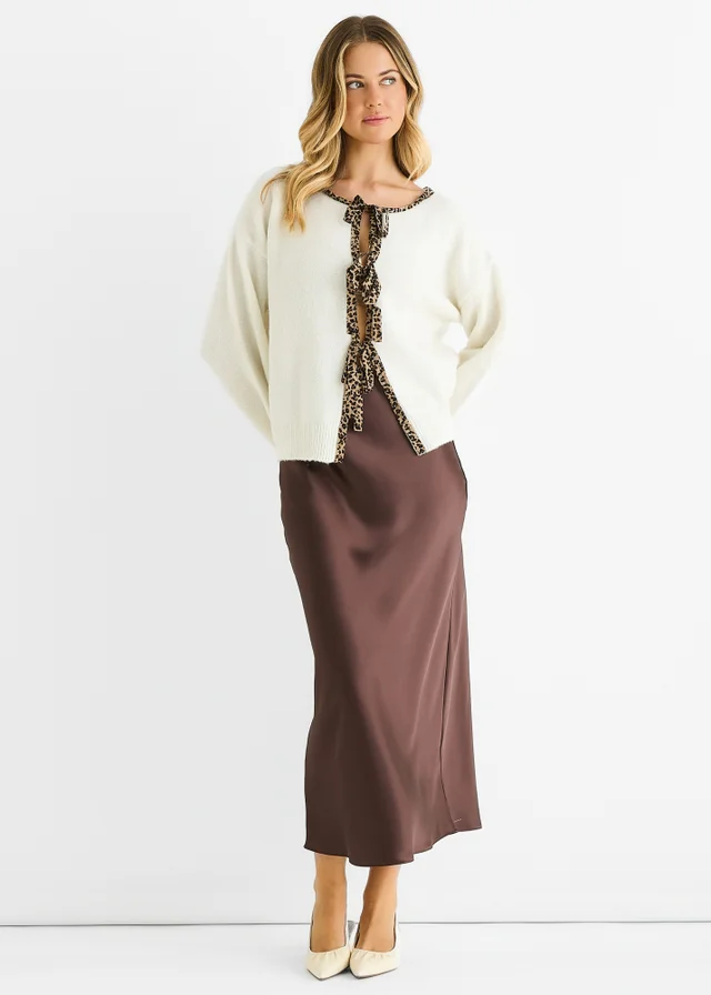 Gini London Cream Contrast Animal Tie Oversized Knit Cardigan