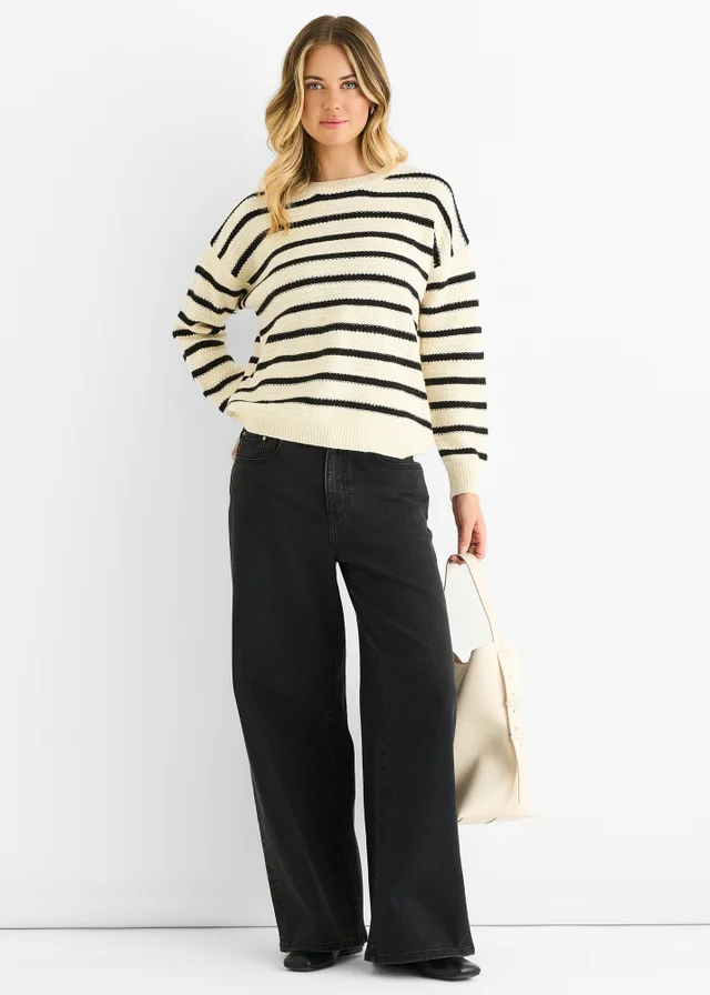 Gini London Beige Stripe Chunky Knit Oversized Jumper