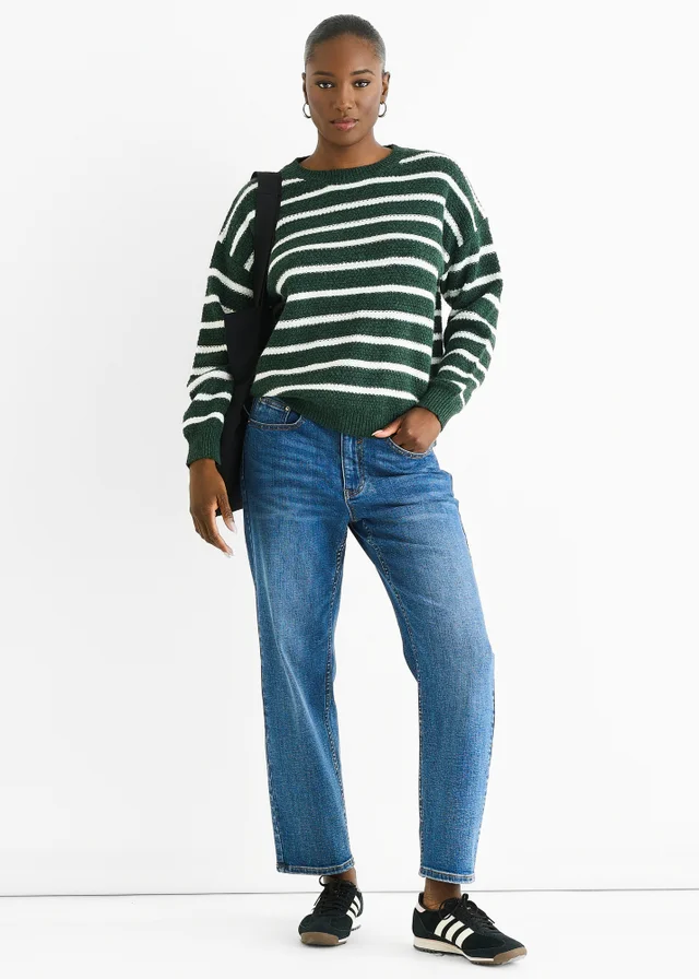 Gini London Green Stripe Chunky Knit Oversized Jumper