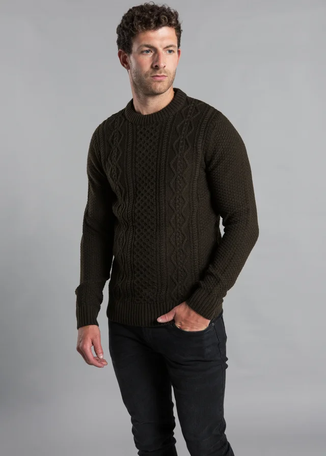 Kensington Eastside Khaki Cable Knit Crew Neck Jumper with Wool