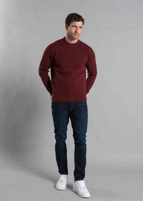 Kensington Eastside Burgundy Rope Cable Knit Crew Neck Jumper - Large Image 4