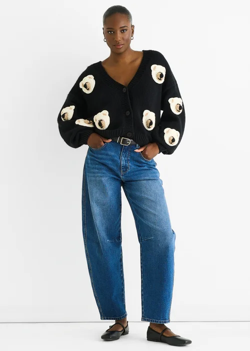 Gini London Black 3D Contrast Teddy Crochet Cardigan - L/XL Image 1