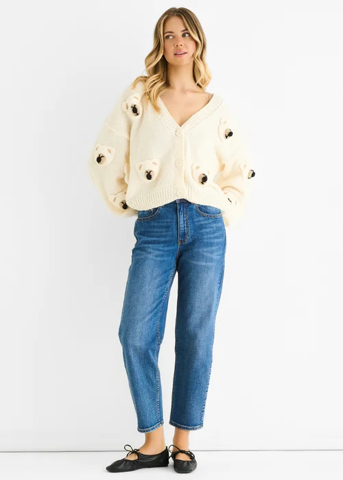 Gini London Cream 3D Contrast Teddy Crochet Cardigan - L/XL Image 1