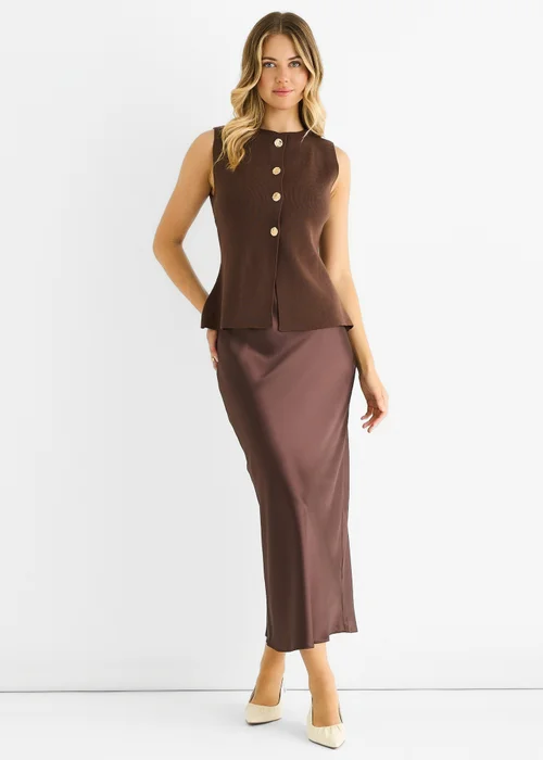 Gini London Chocolate Button Front Compact Knit Waistcoat - M/L Image 1