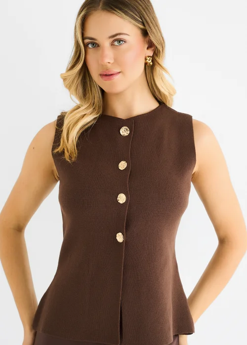 Gini London Chocolate Button Front Compact Knit Waistcoat - M/L Image 3