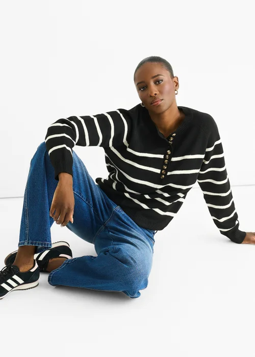 Gini London Black Recycle Stripe Button Up Loose Fit Knit Jumper - M/L Image 1