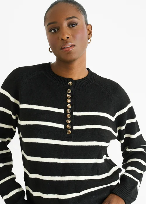 Gini London Black Recycle Stripe Button Up Loose Fit Knit Jumper - M/L Image 3