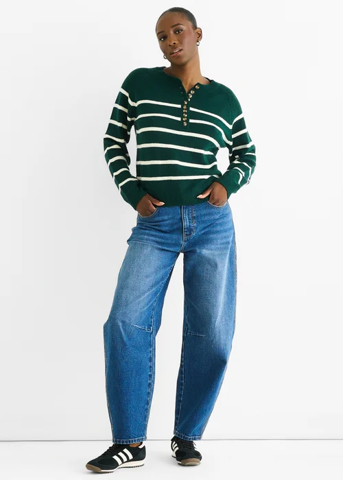 Gini London Green Recycle Stripe Button Up Loose Fit Knit Jumper - M/L Image 1