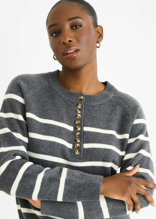 Gini London Grey Recycle Stripe Button Up Loose Fit Knit Jumper - M/L Image 3