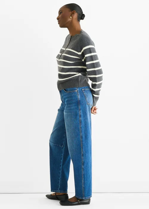 Gini London Grey Recycle Stripe Button Up Loose Fit Knit Jumper - M/L Image 4