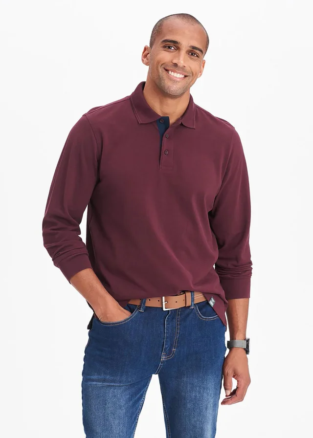 Cotton Traders Burgundy Long Sleeve Polo Shirt