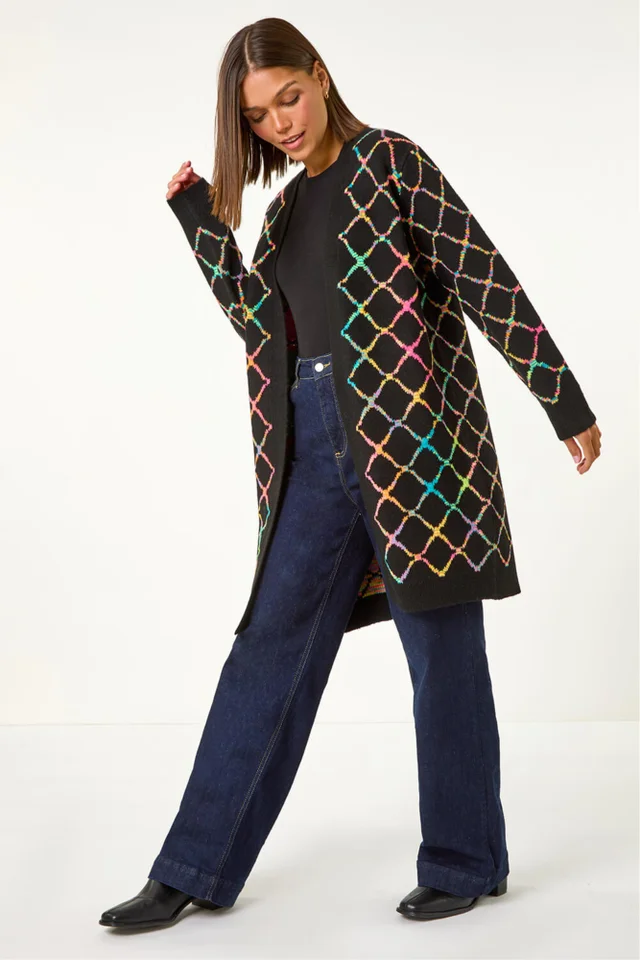 Roman Multi Longline Geometric Print Knit Cardigan