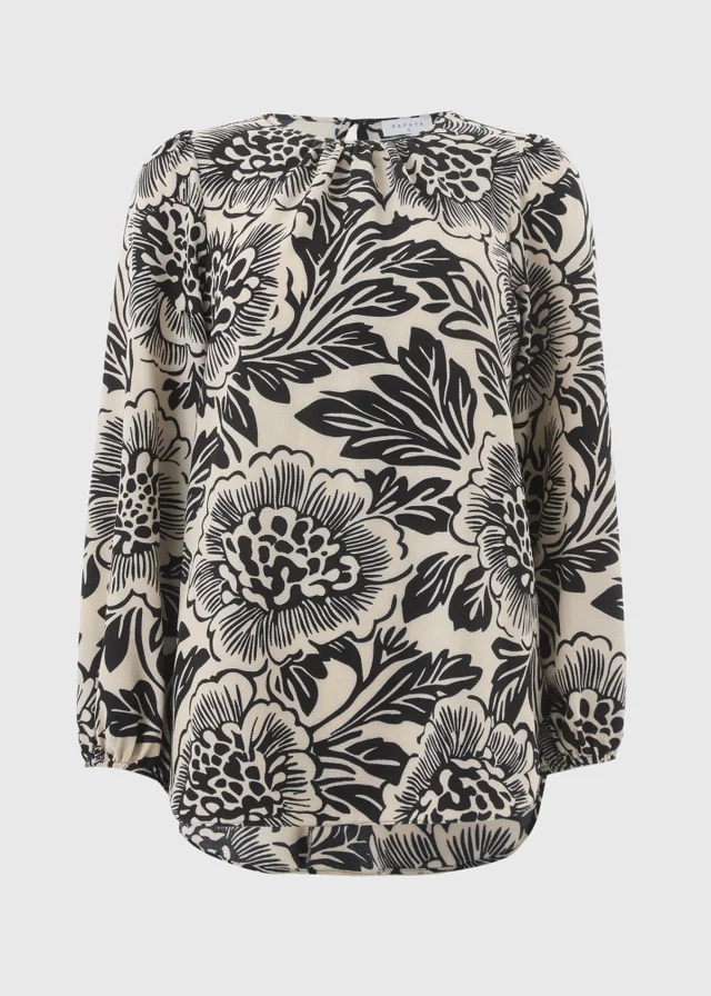 Black Floral Scoop Hem Blouse