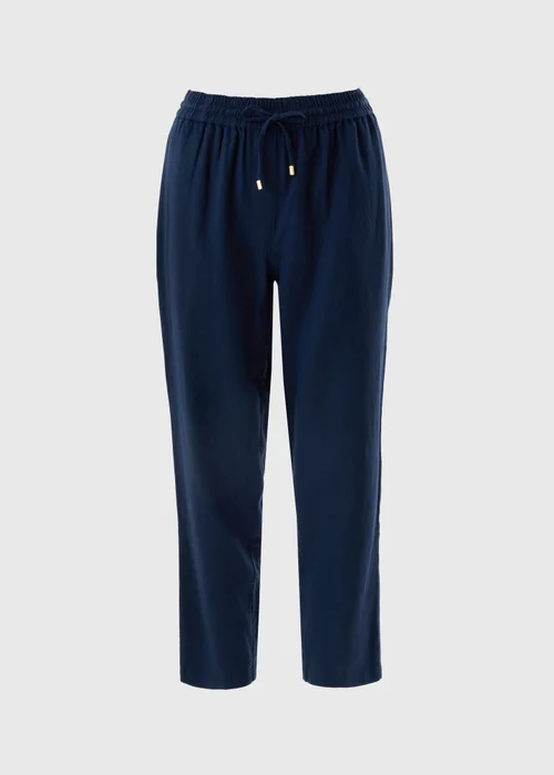 Navy Linen Blend Tapered Trousers - Size 8 Image 4