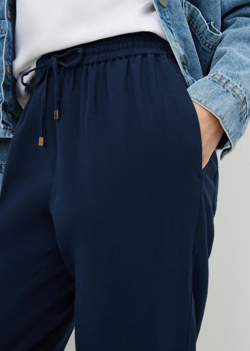 Navy Linen Blend Tapered Trousers - Size 8 Image 2