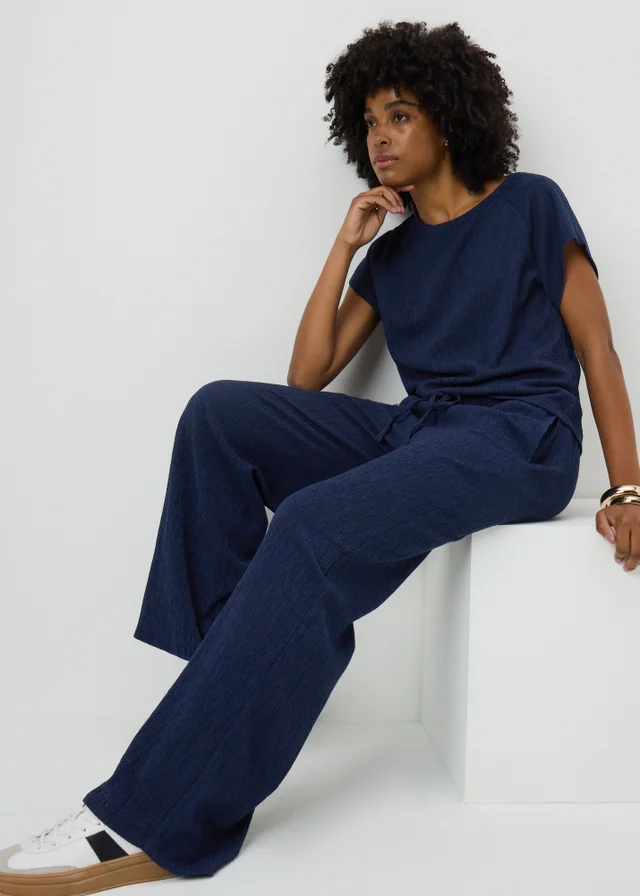 Navy Textured Co Ord Wide Leg Trousers