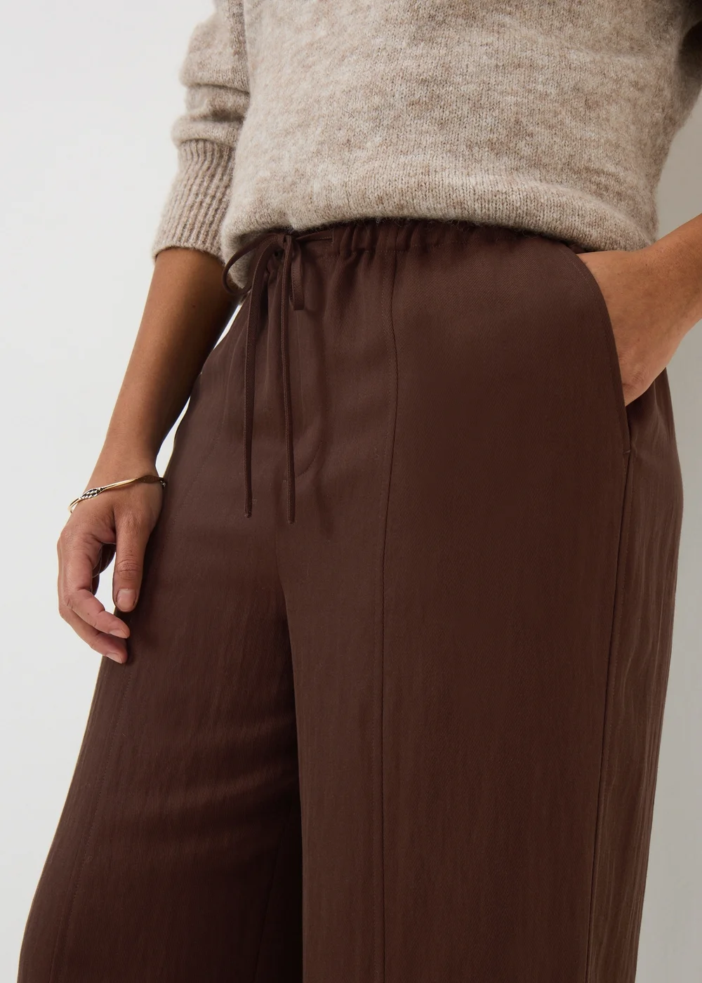 Chocolate Brown Lyocell Wide Leg Co Ord Trousers - Size 08 29 leg Image 2