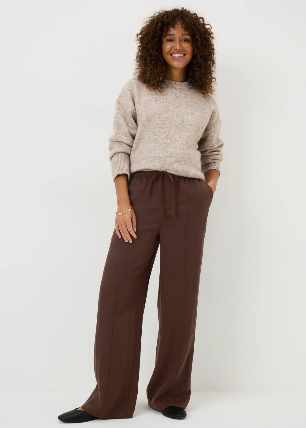 Chocolate Brown Lyocell Wide Leg Co Ord Trousers - Size 08 29 leg Image 1