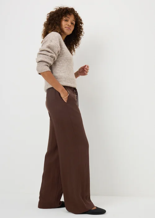 Chocolate Brown Lyocell Wide Leg Co Ord Trousers - Size 08 29 leg Image 3