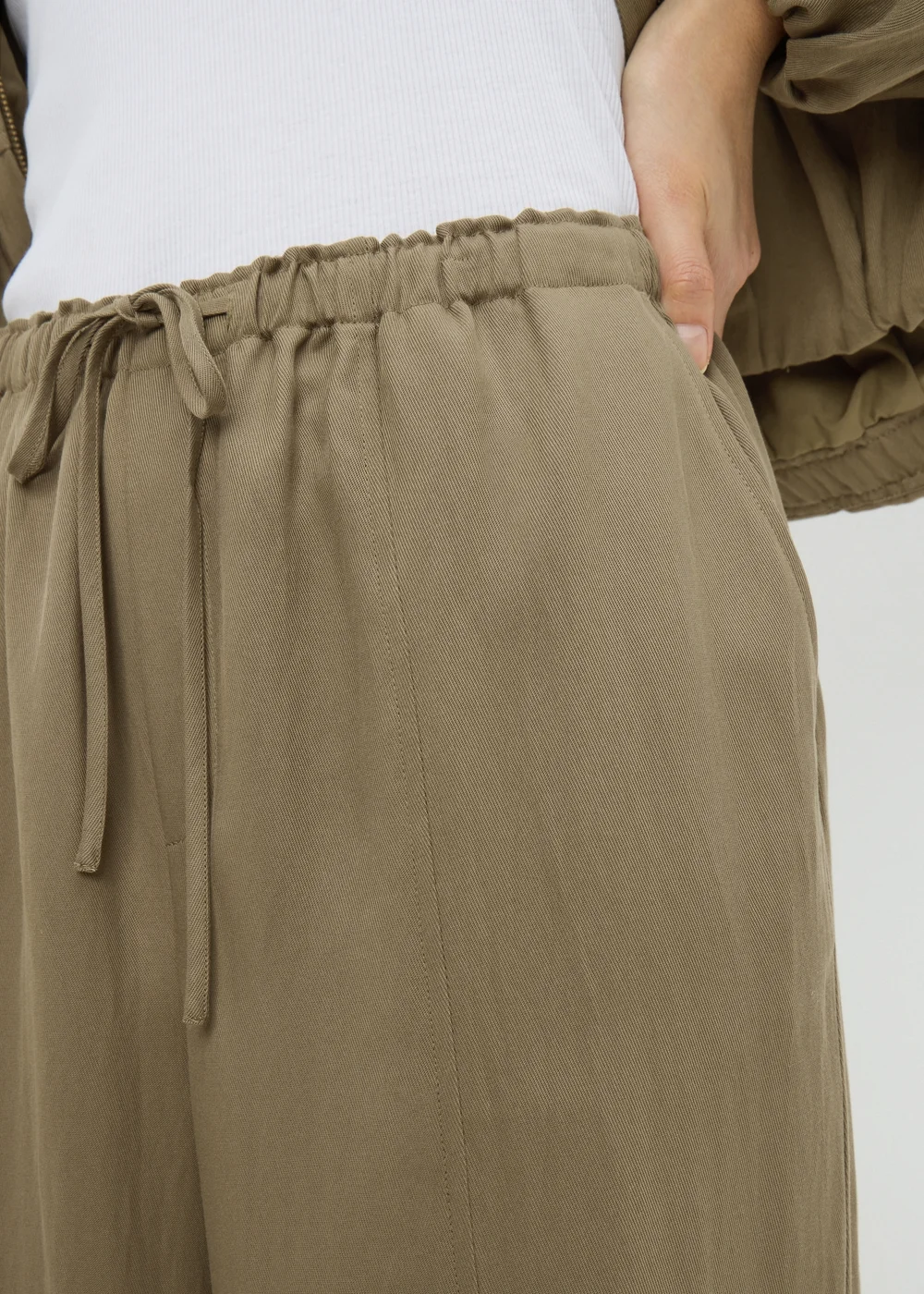 Khaki Lyocell Wide Leg Trousers - 16/L29 Image 3