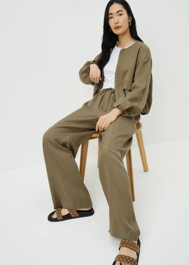 Khaki Lyocell Wide Leg Trousers