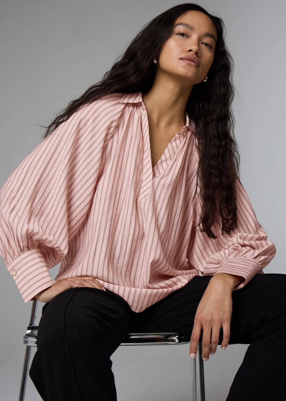 Et Vous Pink Stripe Puff Sleeve Blouse - Small Image 1